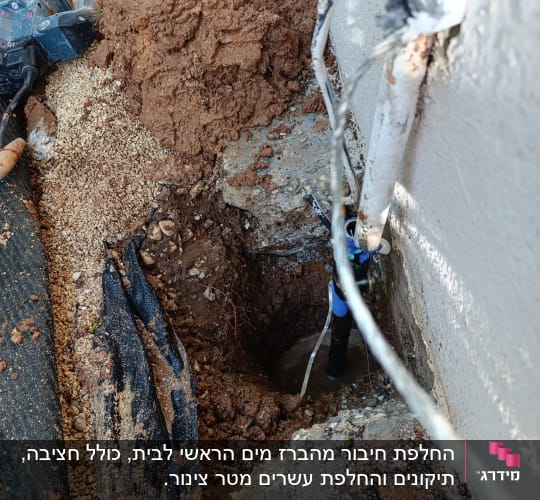 עבודת חפירה ותיקון צנרת ליד קיר חיצוני